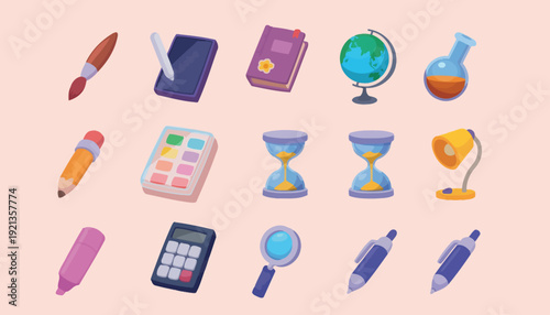 Collection of school supplies and science equipment on a table