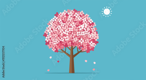 Blossoming tree with pink flowers and sun on blue background symbolizing spring growth and renewal