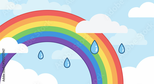 Rainbow with raindrops falling from sky surrounded by white clouds on blue background vibrant colors whimsical atmosphere