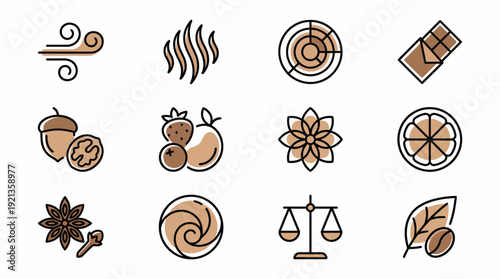 A set of coffee-related icons showcasing aroma and flavor profiles in a minimalist design style