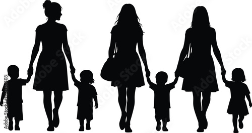 Women silhouette walking children family caregiving parental guidance flat vector
