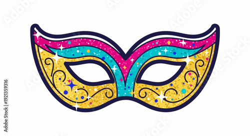 Vibrant masquerade ball mask with glittering pink blue and yellow swirls on a white background for carnival and party themes
