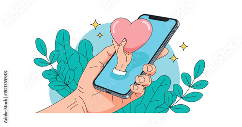 Hand-drawn vector illustration of a hand holding a smartphone with a heart emerging from the screen, concept of digital love, online dating, social media like, and viral engagement.