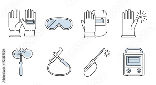 Assortment of welding gloves, protective goggles, and tools with light blue accents on an isolated white background.