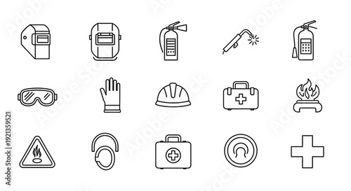 Collection of welding and construction safety equipment outline icons, including helmet, gloves, and first aid kit on an isolated white background.