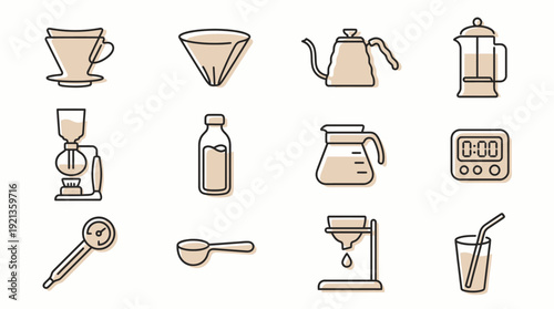 A set of coffee icons, including cups, brewers, and grinders, displayed together in a simple line art style