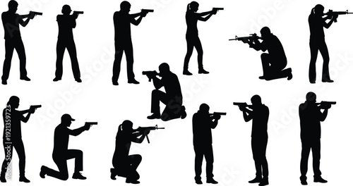Soldier silhouette firearm shooting stance tactical training combat flat vector