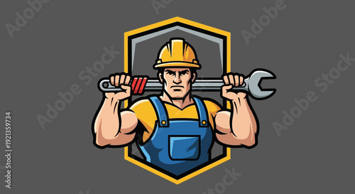 Cartoon vector illustration of a construction worker wearing a helmet and uniform, holding tools and a drill in a retro character style