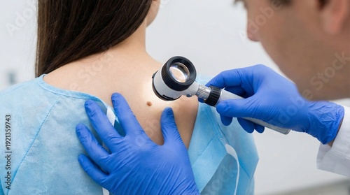 Dermatologist examining a patients mole with a dermatoscope for skin cancer screening.