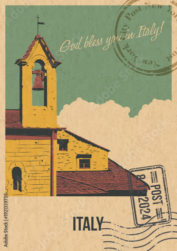 Italy Bell Tower Attraction Postcard, Medieval Church Popular Place Illustration, Vector Template Retro Style Greeting Card. Vintage Colors, Aged Paper Texture