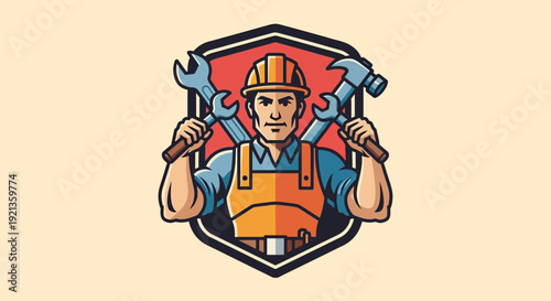 Retro vector cartoon artwork of a brave warrior worker holding a sword and shield, isolated like a bold poster or sign illustration
