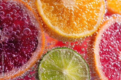 Fresh citrus slices of orange, lime, and grapefruit submerged in sparkling water with many bubbles. Close-up macro of refreshing fruit cocktail background