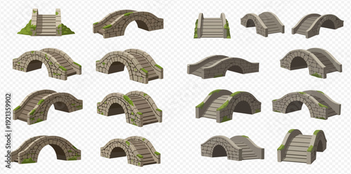 Collection of realistic old stone bridges with stairs and arches isolated on a transparent background.