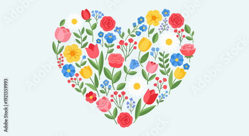 Colorful heart shaped floral arrangement with tulips daisies and forget me nots on light blue background