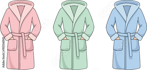 A digital illustration of three pastel-colored bathrobes arranged side by side against a white background