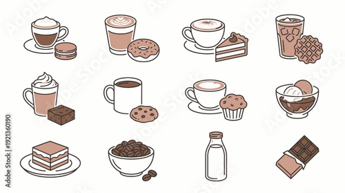 A set of coffee icon illustrations with various desserts and beverages presented in a clean and simple style