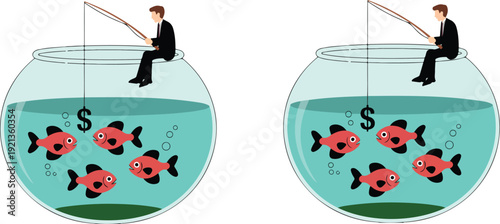 A minimalist illustration of a business concept with a large fishbowl containing four pink and black koi fish swimming in turquoise blue water