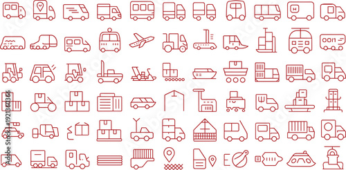 Logistics and transportation line icon set, delivery vehicles warehouse shipping cargo outline vector collection for business and transport design