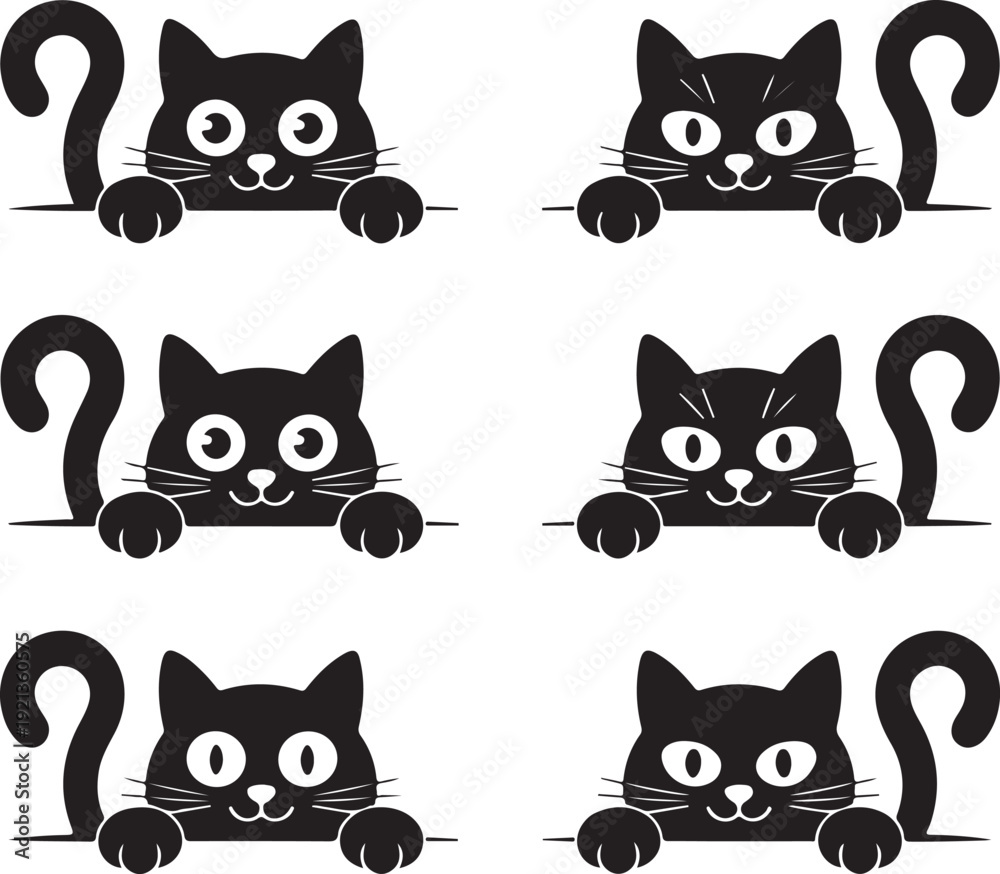Obraz premium Set of black cats looking out the window. Collection of cartoon cats peeking out the window. Funny peeking pets. Vector illustration on white background. Tattoo.