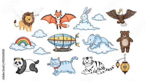 Whimsical Collection: A delightful collection of charming animal illustrations, including a lion, fox, rabbit, eagle, bear, panda, cat, tiger and more, all ready to spark imagination.