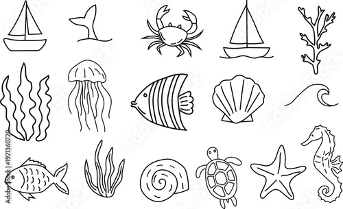 Hand drawn ocean sea life doodle elements including fish starfish waves seashells, turtle, jelly fish and crab in outline style. Minimalist nautical and marine life for ocean-themed and travel designs