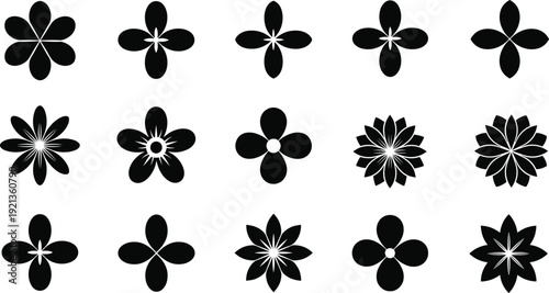 Black vector silhouette set of various simple flower icons with different petal shapes and symmetry for floral patterns nature and minimalist botanical branding