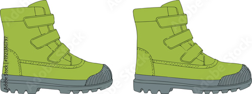 A digital illustration of two identical lime green winter boots with gray rubber soles.