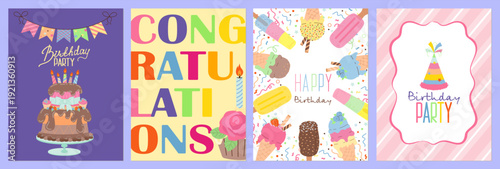  Set of four vibrant birthday-themed vector illustrations featuring a cake, "Congratulations" text, ice cream cones, and a party hat. Ideal for celebratory and festive designs.