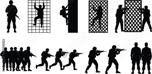 Military silhouettes soldiers training climbing tactical combat formation flat vector