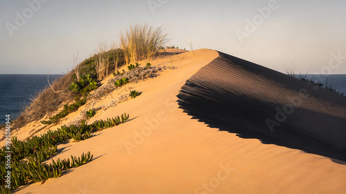 Sand dune with coastal vegetation overlooking the ocean