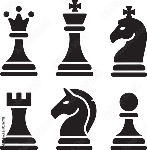 Set of chess vector icons. Black silhouette with chess. King, queen, pawn, horse and rook