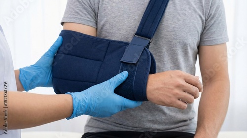Medical professional assisting a male patient with an arm sling for a shoulder injury.