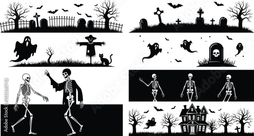 Halloween silhouettes graveyard bats ghosts skeletons haunted house flat vector