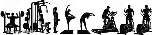 Gym silhouettes weightlifting machine dumbbell yoga stretching cycling fitness flat vector