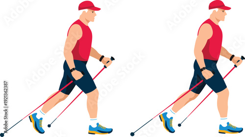A minimalist illustration of a middle-aged caucasian man performing Nordic walking on a white background