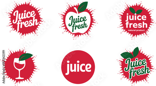 Fresh juice logo vector set, six splash badge emblems with fruit motifs, round juice labels, natural beverage branding, organic drink packaging designs