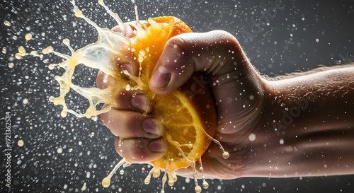 Hand squeezing orange with juice splash, freshness vitamin concept.