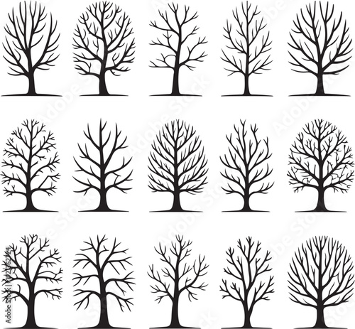 Set of dead tree silhouettes isolated on white background. Simple naked trees vector illustration