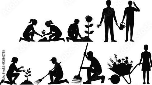 Gardening teamwork silhouette, planting watering raking wheelbarrow outdoor environment care flat vector