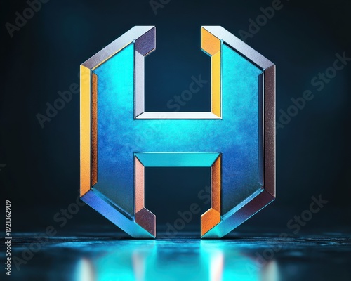 gleaming three-dimensional metallic letter h in blue and orange on a reflective surface with dark background and dramatic studio lighting, futuristic bold and polished