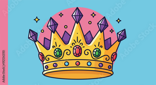Colorful cartoon crown with jewels and gems on a pastel background symbolizing royalty and luxury decorative element for design