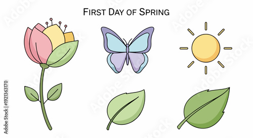 Colorful spring icons with blooming flower butterfly sun and leaves on white background symbolizing new beginnings and renewal
