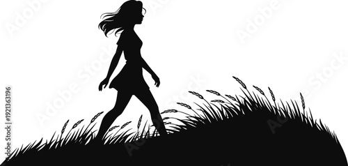 Flat vector woman silhouette, walking in grass, nature, solitude, rural scene