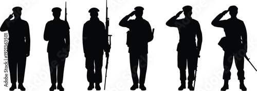 Flat vector silhouettes of soldiers saluting with rifles in military stances