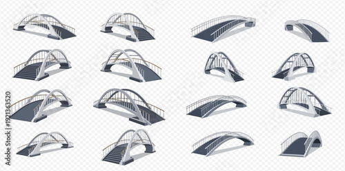 A collection of modern isometric bridges with various arched designs for architectural projects.