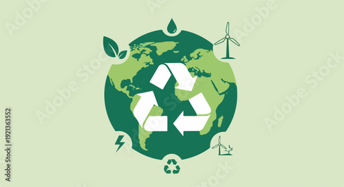 Eco friendly recycling symbol on green globe with renewable energy icons and leaves for sustainability and environmental conservation