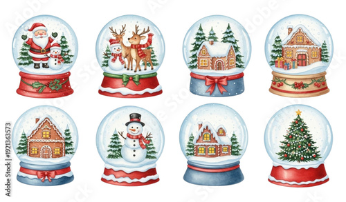 Watercolor Christmas Snow Globe Collection – Santa, Snowman, Reindeer & Winter Village Clipart