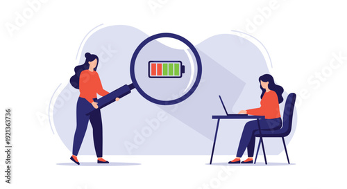 Woman examines a battery power symbol with a magnifying glass while another works on a laptop, representing energy efficiency and productivity.