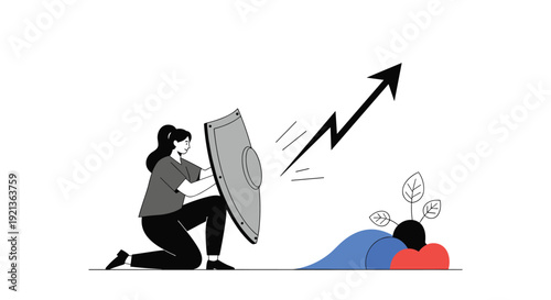 Resilient woman kneels and bravely holds a shield against a lightning bolt striking an upward-trending arrow, symbolizing protection against business risks and challenges.