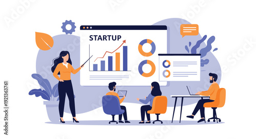 Dynamic businesswoman presents an engaging startup business plan featuring charts and graphs to her attentive team, showcasing growth strategy and innovation.